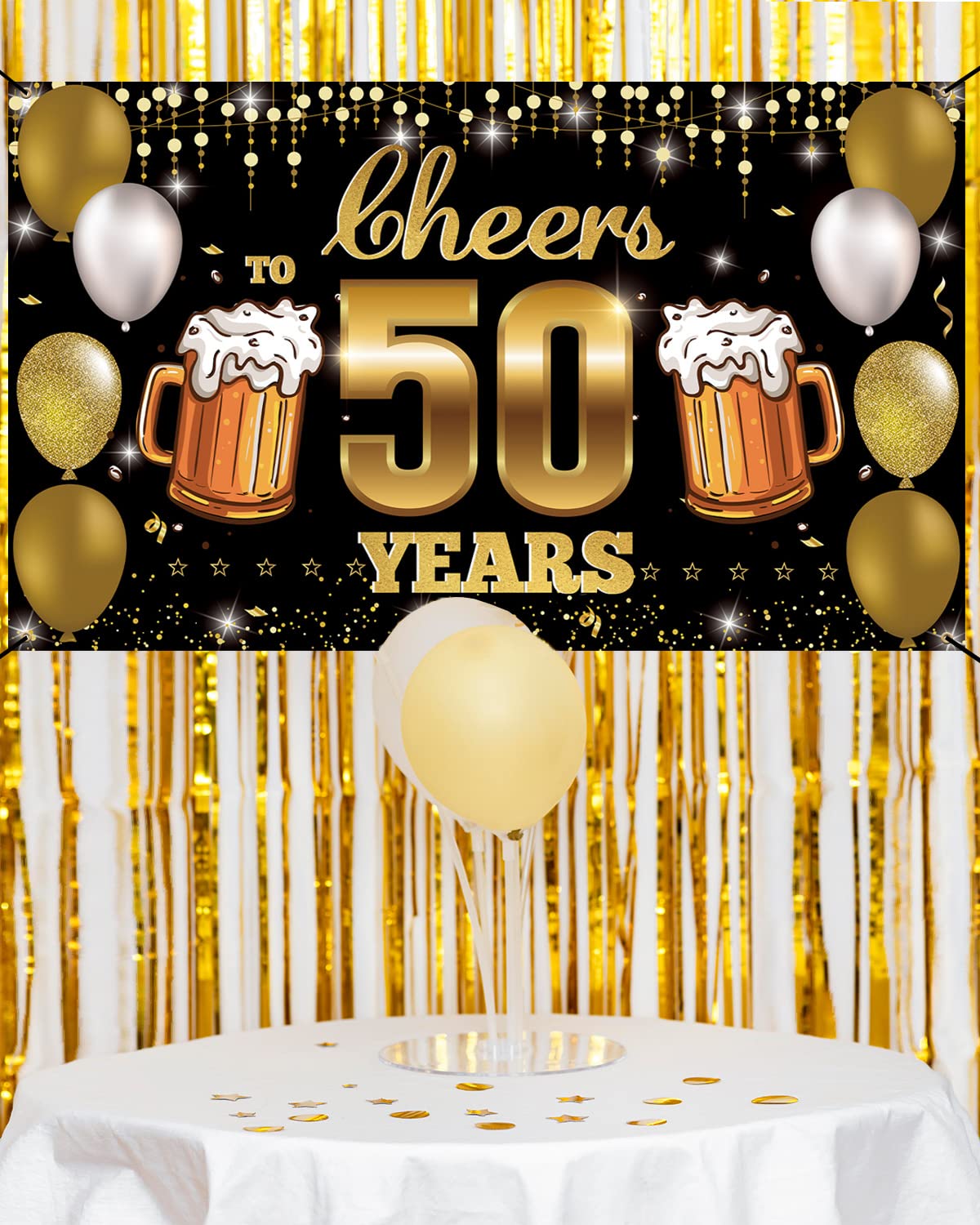 HTDZZI Cheers to 50 Years Backdrop Banner Black Gold, Happy 50th Birthday Decorations for Men Women, Fabric 50 Year Old Birthday Party Yard Sign, 50th Wedding Anniversary