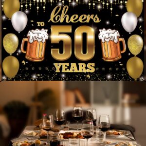 HTDZZI Cheers to 50 Years Backdrop Banner Black Gold, Happy 50th Birthday Decorations for Men Women, Fabric 50 Year Old Birthday Party Yard Sign, 50th Wedding Anniversary