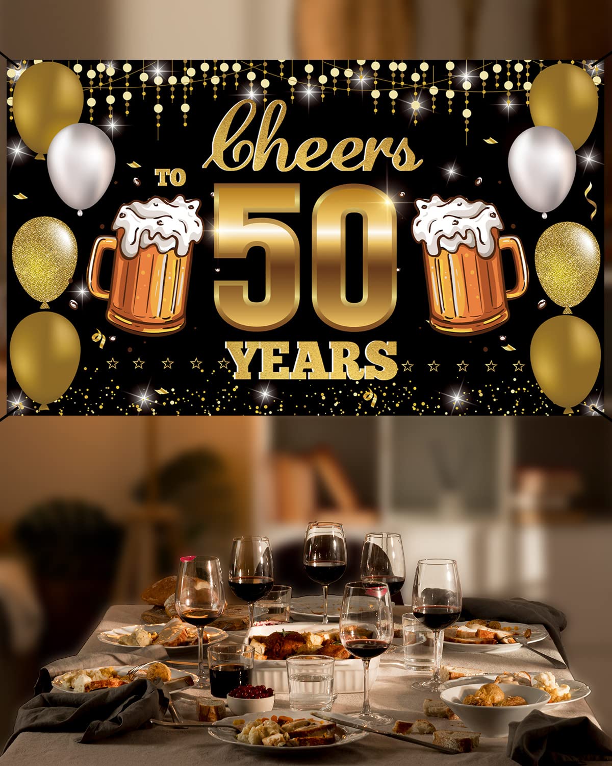 HTDZZI Cheers to 50 Years Backdrop Banner Black Gold, Happy 50th Birthday Decorations for Men Women, Fabric 50 Year Old Birthday Party Yard Sign, 50th Wedding Anniversary