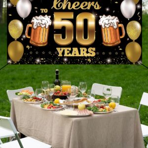 HTDZZI Cheers to 50 Years Backdrop Banner Black Gold, Happy 50th Birthday Decorations for Men Women, Fabric 50 Year Old Birthday Party Yard Sign, 50th Wedding Anniversary