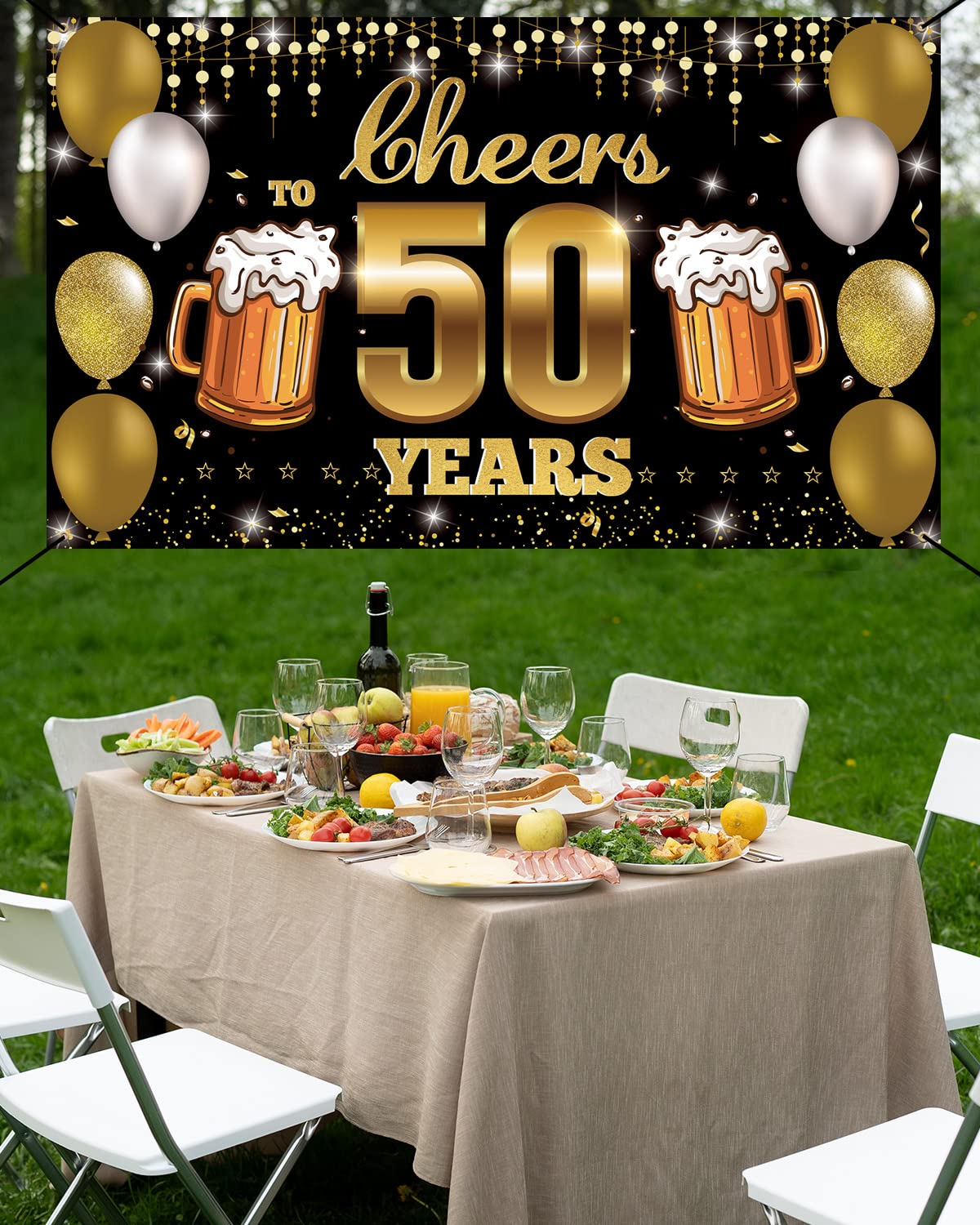 HTDZZI Cheers to 50 Years Backdrop Banner Black Gold, Happy 50th Birthday Decorations for Men Women, Fabric 50 Year Old Birthday Party Yard Sign, 50th Wedding Anniversary