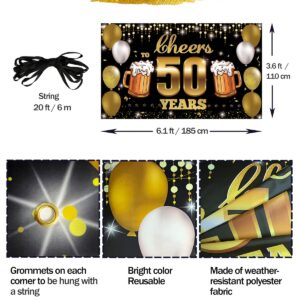 HTDZZI Cheers to 50 Years Backdrop Banner Black Gold, Happy 50th Birthday Decorations for Men Women, Fabric 50 Year Old Birthday Party Yard Sign, 50th Wedding Anniversary