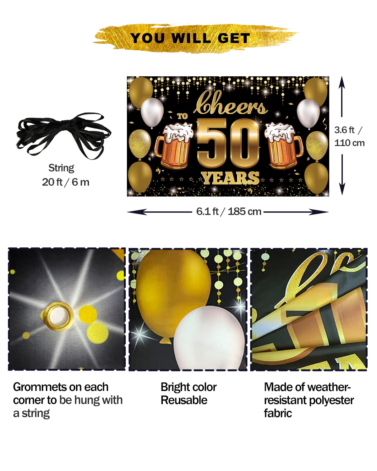 HTDZZI Cheers to 50 Years Backdrop Banner Black Gold, Happy 50th Birthday Decorations for Men Women, Fabric 50 Year Old Birthday Party Yard Sign, 50th Wedding Anniversary