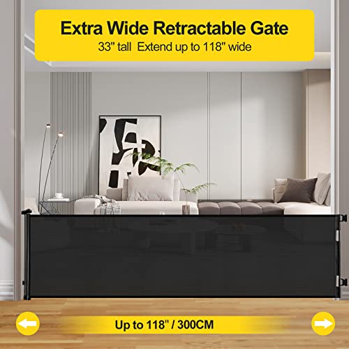 dearlomum 118 Inch Extra Wide Retractable Baby Gate,Mesh Large Baby Gate or Mesh Pet Dog Gate, Opening Wide Extra Long Child Safety Gate for Indoor Baby Fence, Outdoor, Stairs, Deck (Black)