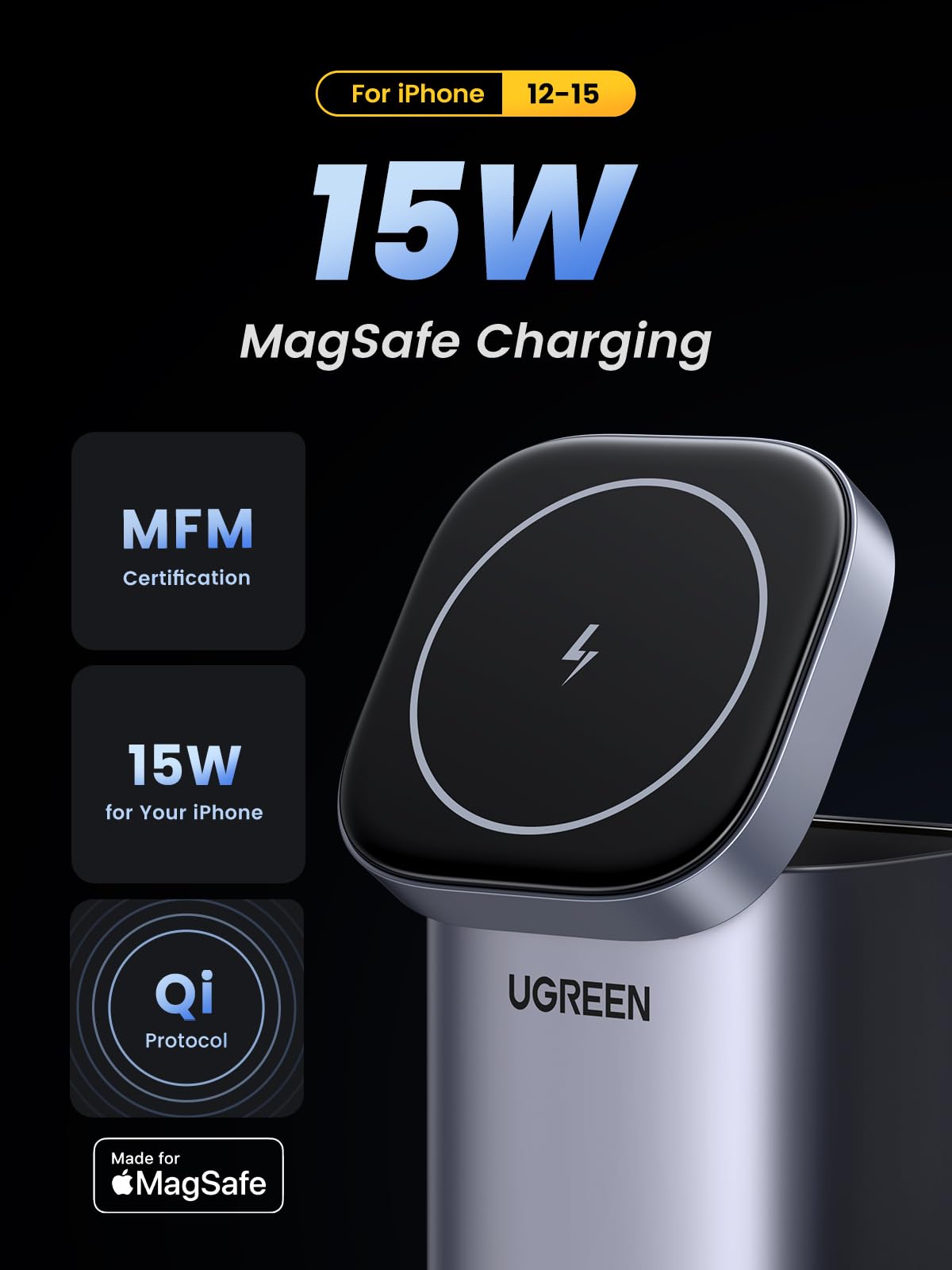 UGREEN MagSafe Charger Stand, Nexode 100W USB C Charger 4 in 1 with 15W MagSafe Wireless Fast Charging Station for iPhone 15 Pro Max/14/13/12, AirPods Pro, MacBook Pro, Galaxy S24