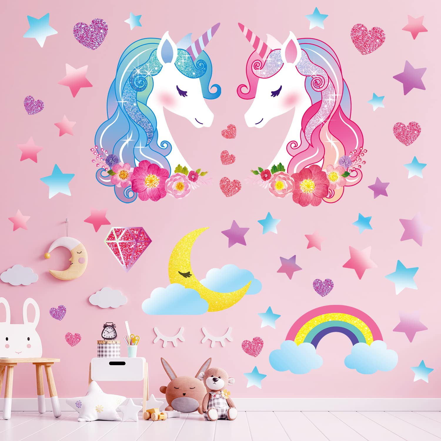 DECOWALL DS8-8068 Unicorn Wall Stickers Decals Kids Bedroom décor Girls Room Pink Furniture for Toddler Decorations Princess Poster Art Baby Nursery