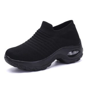 stratuxx kaze womens breathable lightweight knitted mesh walking shoes comfort wedge platform fashion sneakers air cushion slip-on sock sneakers black