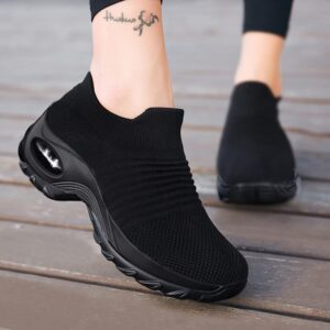 Stratuxx Kaze Womens Breathable Lightweight Knitted Mesh Walking Shoes Comfort Wedge Platform Fashion Sneakers Air Cushion Slip-on Sock Sneakers Black