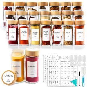 aisiprin glass spice jars with 398 labels-4oz 24 pcs,round seasoning jars with bamboo airtight lids,salt and pepper shakers container set -shaker lids, funnel,brush and marker included
