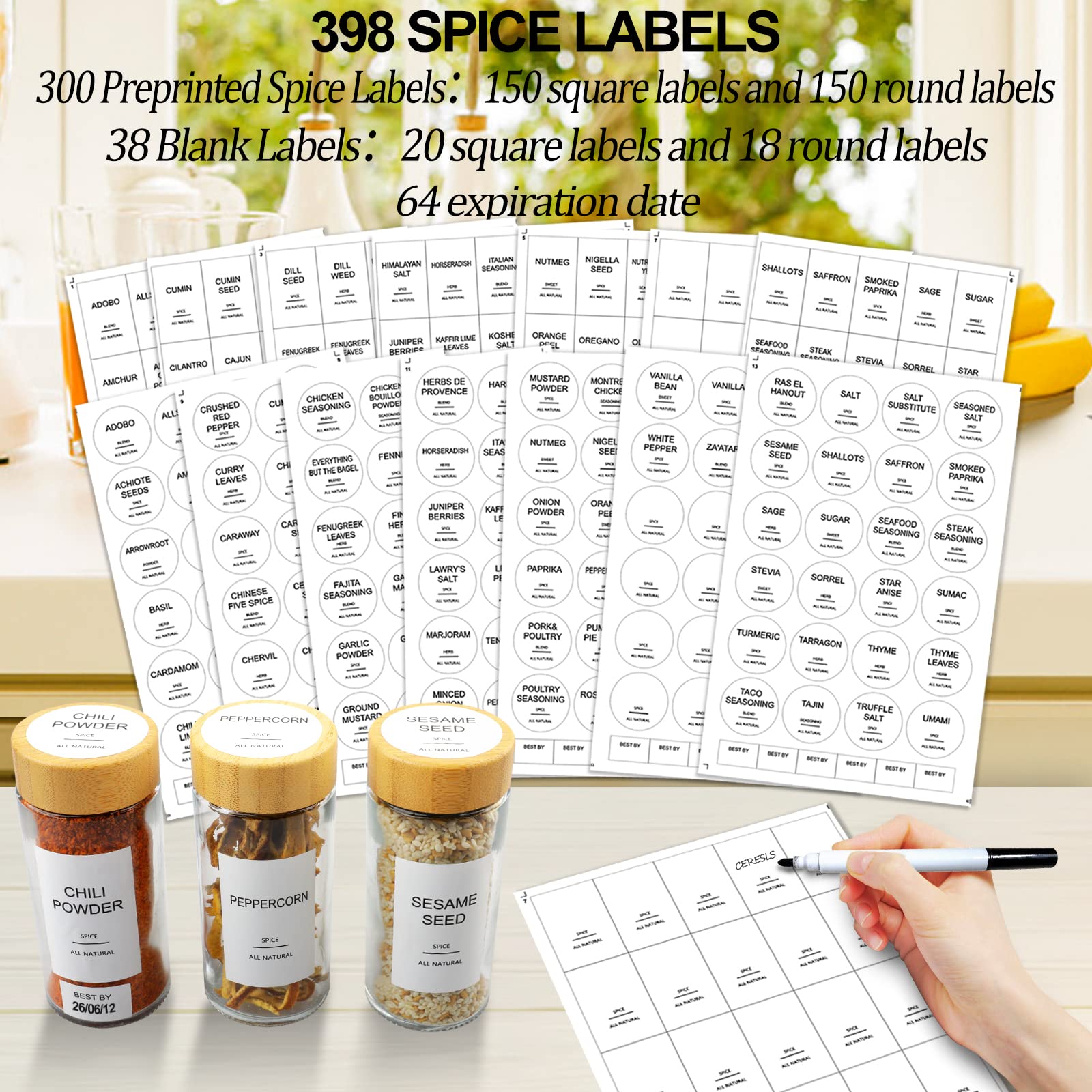 AISIPRIN Glass Spice Jars with 398 Labels-4oz 24 Pcs,Round Seasoning Jars with Bamboo Airtight Lids,Salt and Pepper Shakers Container Set -Shaker Lids, Funnel,Brush and Marker Included