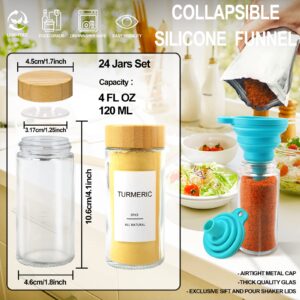 AISIPRIN Glass Spice Jars with 398 Labels-4oz 24 Pcs,Round Seasoning Jars with Bamboo Airtight Lids,Salt and Pepper Shakers Container Set -Shaker Lids, Funnel,Brush and Marker Included