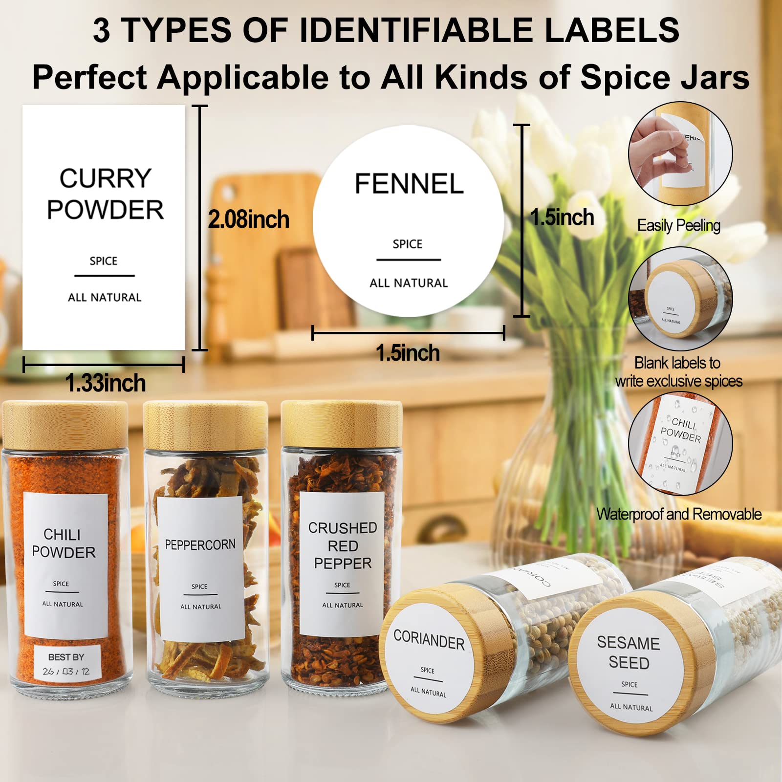 AISIPRIN Glass Spice Jars with 398 Labels-4oz 24 Pcs,Round Seasoning Jars with Bamboo Airtight Lids,Salt and Pepper Shakers Container Set -Shaker Lids, Funnel,Brush and Marker Included