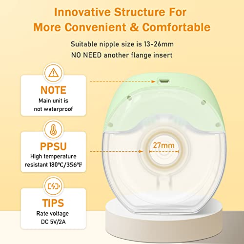 MISSAA Wearable Breast Pump, High Efficient Hands Free Pumps with 3 Modes & 8 Levels of Longest Battery LED Display, Double Portable Electric Breast Pump Fits for Most Size (13-26mm), Green