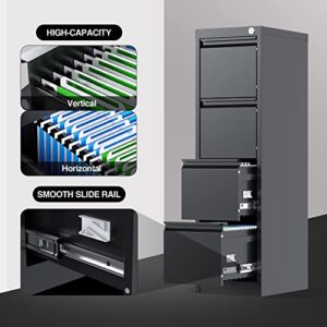 GangMei 4 Drawer Metal Vertical File Cabinet with Lock, Narrow Filing Cabinet with Hanging Letter/Legal/A4 Folders, Locking Steel Cabinet for Home, Office, Assembly Required (Black, 4 Drawers)