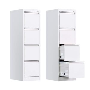 gangmei 4 drawer metal vertical file cabinet with lock, narrow filing cabinet with hanging letter/legal/a4 folders, locking steel filing cabinet for home, office, assembly required (white, 4 drawers)