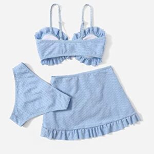 COZYEASE Girls' 3 Pcs Set Tie Front Ruffle Trim Bikini Swimsuit with Beach Skirt Cute Frill Wrap Swimsuit Light Blue 11-12Y
