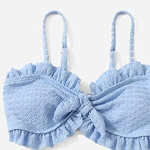 COZYEASE Girls' 3 Pcs Set Tie Front Ruffle Trim Bikini Swimsuit with Beach Skirt Cute Frill Wrap Swimsuit Light Blue 11-12Y