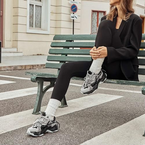 BEAU TODAY Chunky Dad Sneakers for Women,Women Fashion Platform Sneakers,Leather Comfortable Casual Walking Dad Shoes Grey&White US 7