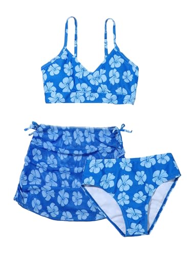 COZYEASE Girls' 3 Piece Set Floral Print Bikini Swimsuit with Drawstring Beach Skirt Cute Ruched Bathing Suit Blue 12 Years