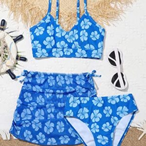 COZYEASE Girls' 3 Piece Set Floral Print Bikini Swimsuit with Drawstring Beach Skirt Cute Ruched Bathing Suit Blue 12 Years