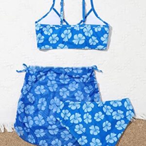 COZYEASE Girls' 3 Piece Set Floral Print Bikini Swimsuit with Drawstring Beach Skirt Cute Ruched Bathing Suit Blue 12 Years