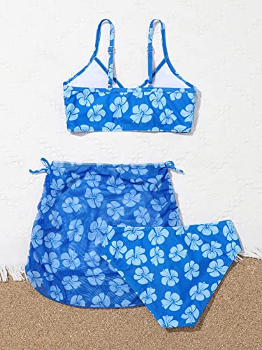 COZYEASE Girls' 3 Piece Set Floral Print Bikini Swimsuit with Drawstring Beach Skirt Cute Ruched Bathing Suit Blue 12 Years