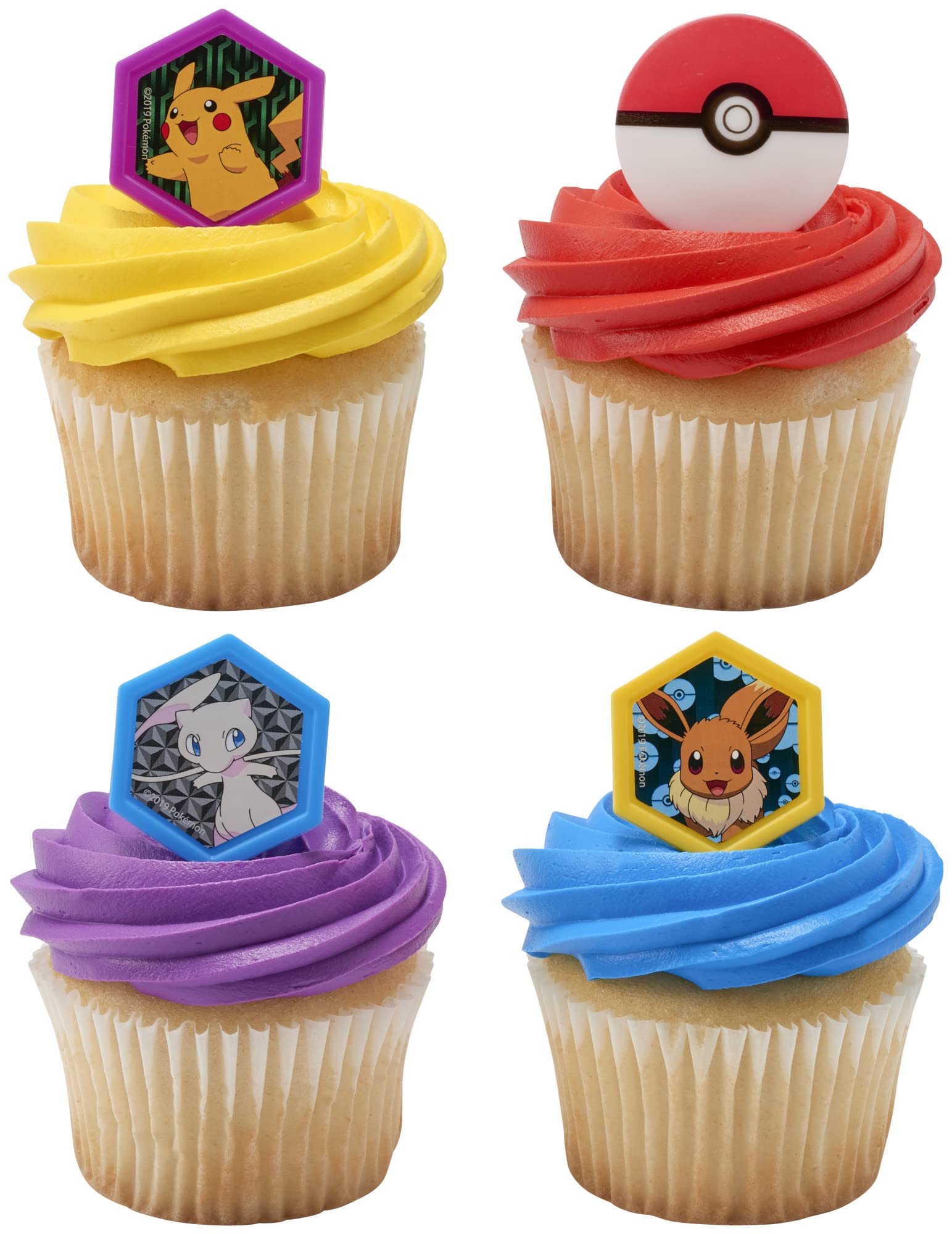 DecoPac Pokémon I Choose You Rings, Cupcake Decorations With Pikachu, Eevee, Mew, and Poké Ball, Multicolored Food Safe Cake Toppers – 24 Pack