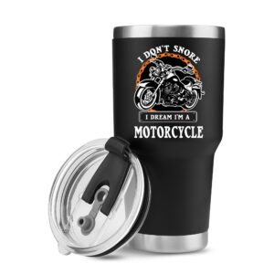 panvola i don't snore i dream i'm a motorcycle stainless steel tumbler snorers motorcyclist gift biker rider for dad husband boyfriend uncle travel mug (30 oz, black)