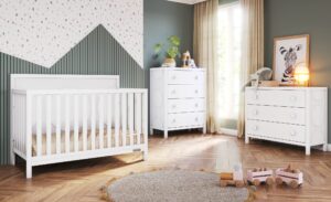 child craft orbit crib, dresser and chest nursery set, 3-piece, includes 4-in-1 convertible crib, dresser and chest, grows with your baby (matte white)