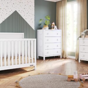 Child Craft Orbit Crib, Dresser and Chest Nursery Set, 3-Piece, Includes 4-in-1 Convertible Crib, Dresser and Chest, Grows with Your Baby (Matte White)