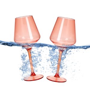 floating wine glasses for pool | 2 set | shatterproof tritan acrylic glass drinkware, unbreakable - colored european design bpa-free plastic, reusable, all purpose glassware, hand wash 15oz (orange)