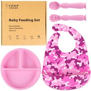 chupcheek silicone baby feeding set, suction plates for baby, adjustable baby bibs, soft spoon & spork suitable for toddlers & kids
