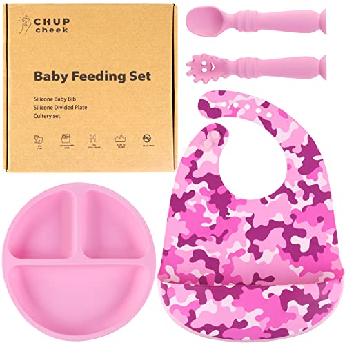 CHUPcheek Silicone Baby Feeding Set, Suction Plates for Baby, Adjustable Baby Bibs, Soft Spoon & Spork Suitable for Toddlers & Kids