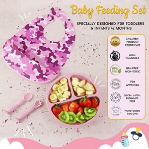 CHUPcheek Silicone Baby Feeding Set, Suction Plates for Baby, Adjustable Baby Bibs, Soft Spoon & Spork Suitable for Toddlers & Kids