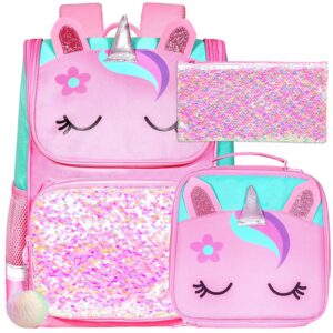 ufndc 3pcs unicorn backpack for girls, 15" kids sequin bookbag with lunch box, pink school bag for elementary preschool toddler