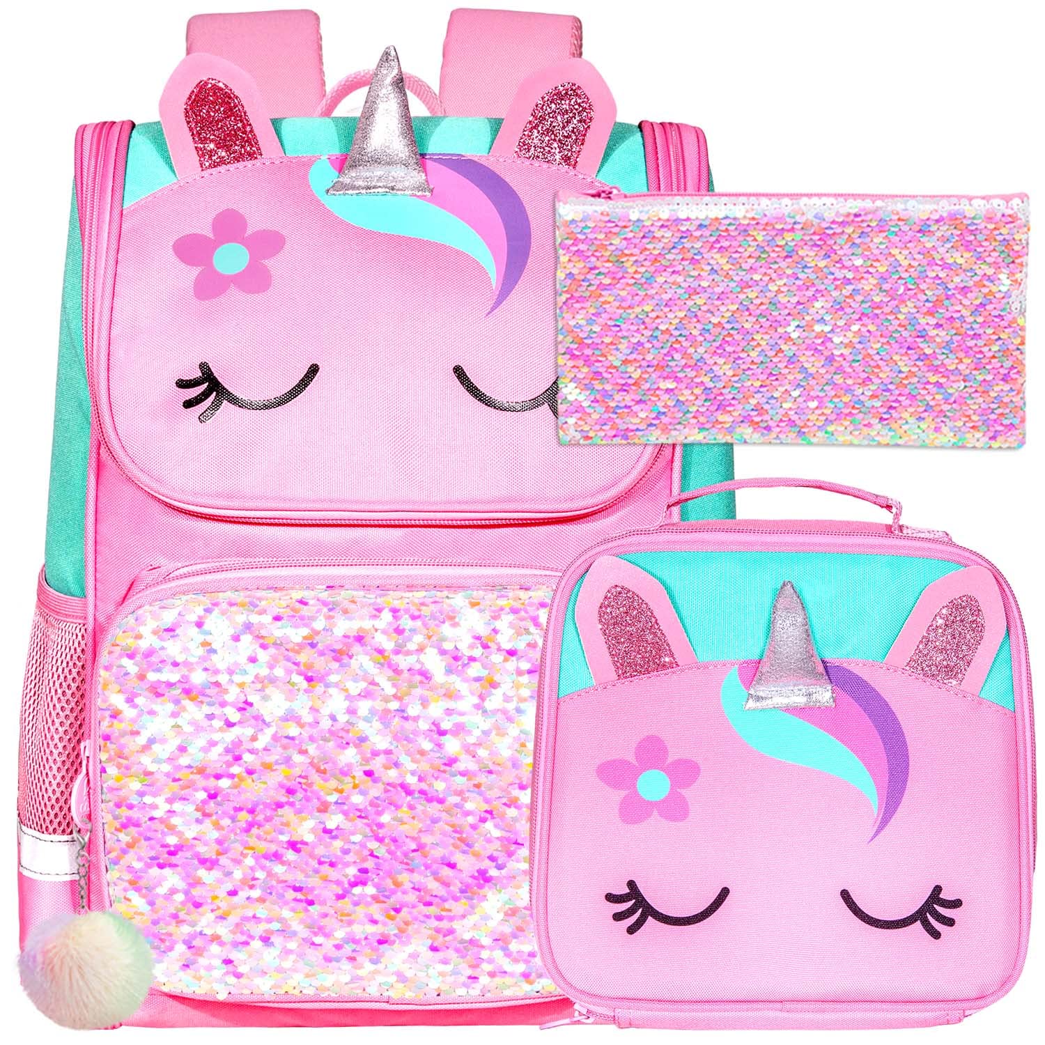 UFNDC 3PCS Unicorn Backpack for Girls, 15" Kids Sequin Bookbag with Lunch Box, Pink School Bag for Elementary Preschool Toddler