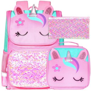 UFNDC 3PCS Unicorn Backpack for Girls, 15" Kids Sequin Bookbag with Lunch Box, Pink School Bag for Elementary Preschool Toddler