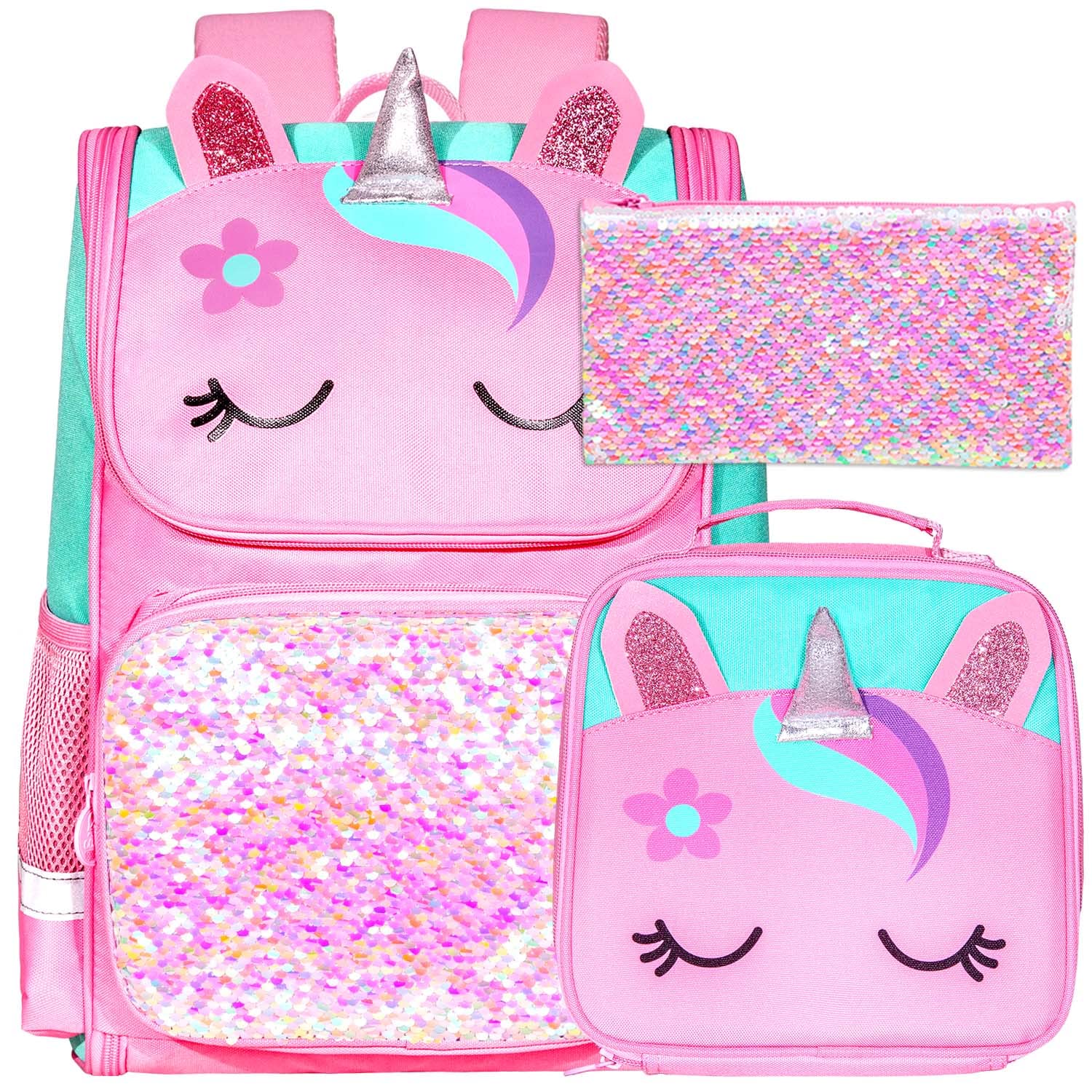 UFNDC 3PCS Unicorn Backpack for Girls, 15" Kids Sequin Bookbag with Lunch Box, Pink School Bag for Elementary Preschool Toddler