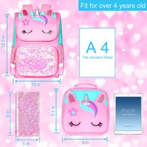 UFNDC 3PCS Unicorn Backpack for Girls, 15" Kids Sequin Bookbag with Lunch Box, Pink School Bag for Elementary Preschool Toddler