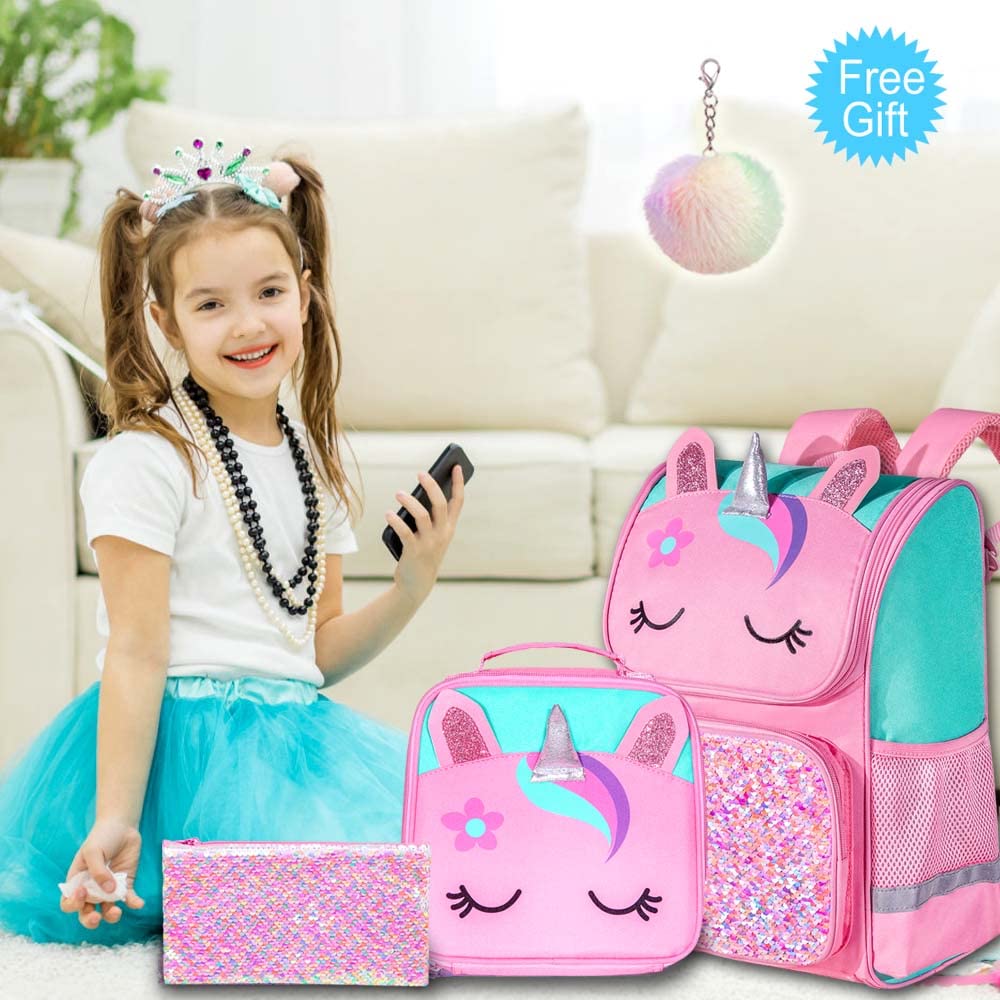 UFNDC 3PCS Unicorn Backpack for Girls, 15" Kids Sequin Bookbag with Lunch Box, Pink School Bag for Elementary Preschool Toddler