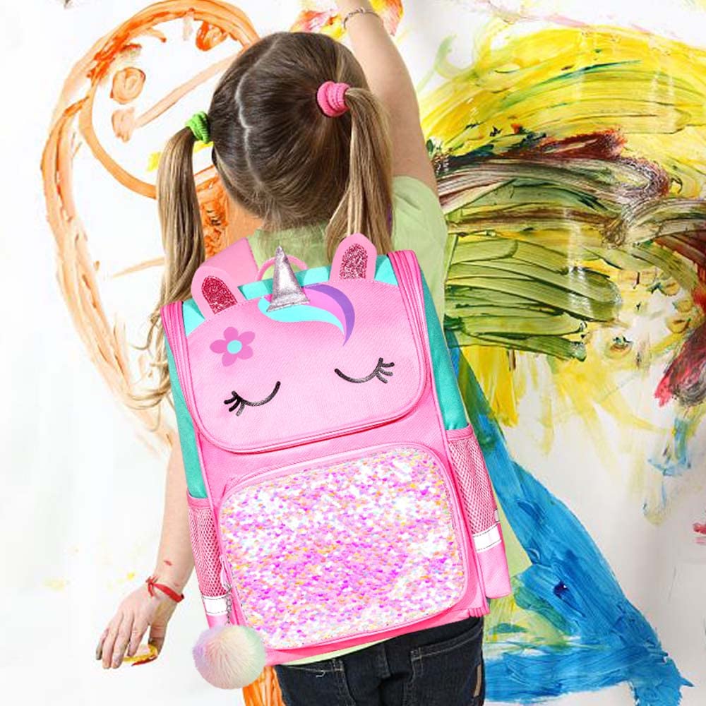 UFNDC 3PCS Unicorn Backpack for Girls, 15" Kids Sequin Bookbag with Lunch Box, Pink School Bag for Elementary Preschool Toddler