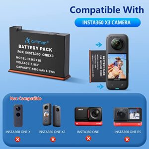 Artman X3 Battery Kit for Insta360, 2-Pack 1800mAh One X3 Battery and Dual USB Charger Compatible with Insta360 X3 Action Camera (Battery Charger Hub with 2 Batteries)