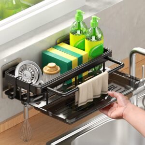 yomean self adhesive sponge holder, kitchen wall mount sink caddy aluminum drying drain rack storage,peeler, brush, soap, cloth rag,towel organizer with removable drip tray for countertop,no drilling