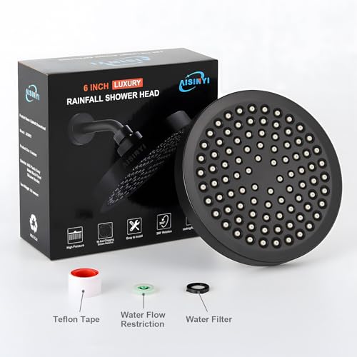 AISINYI High Pressure Rainfall Shower Head, 6 Inches Luxury Modern Showerhead with Perfect Adjustable Replacement, Removable Restrictor, Easy Installation for Your Bathroom Shower Heads (Matte Black)