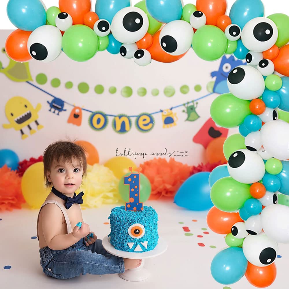 Monster Balloon Garland Arch Kit, 110pcs Eyeball Balloons, Orange, Caribbean Blue, Lime Latex Balloon Arch for Kids Monster Themed Birthday,Little Monster Birthday, Little Monster is Turning One