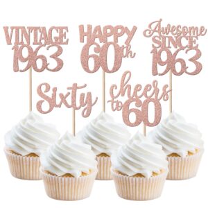 30 pack vintage 1963 cupcake toppers glitter happy 60th sixty awesome since 1963 cupcake picks 60 fabulous cake decorations for 60th birthday wedding anniversary party supplies rose gold