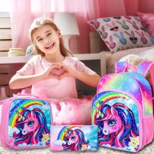 TXHVO 3PCS Unicorn Backpack, 16" Rainbow Sequin Bookbag for Girls, Elementary Preschool Preschool School Backpacks with Lunch Box - Pink