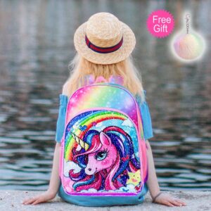 TXHVO 3PCS Unicorn Backpack, 16" Rainbow Sequin Bookbag for Girls, Elementary Preschool Preschool School Backpacks with Lunch Box - Pink