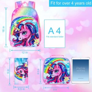 TXHVO 3PCS Unicorn Backpack, 16" Rainbow Sequin Bookbag for Girls, Elementary Preschool Preschool School Backpacks with Lunch Box - Pink