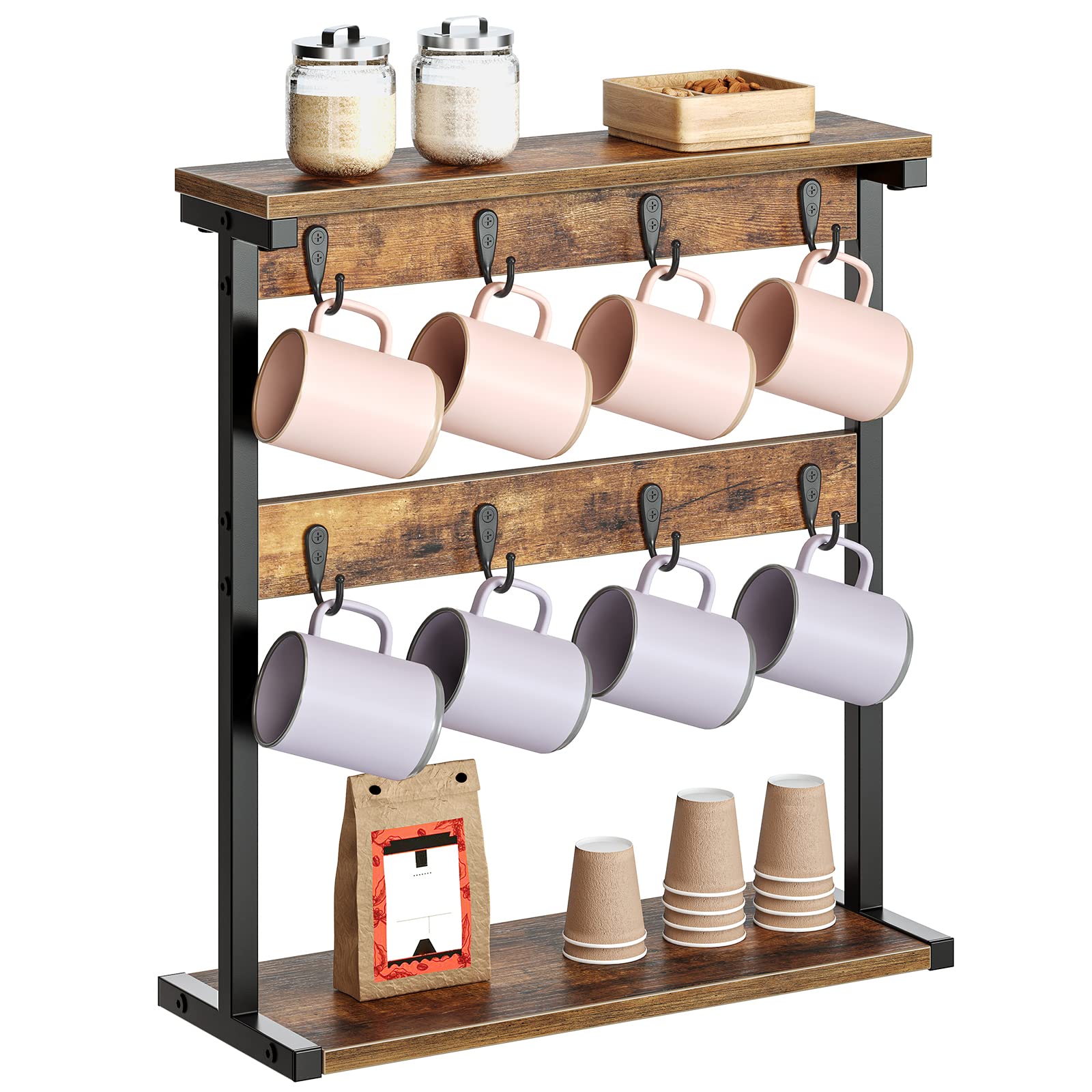 YATINEY Coffee Mug Holder for Counter, 2 Tier Mug Tree Rack, with 8 Hook and 2 Open Shelves, Vintage Mug Holder Stand for Home Kitchen, Rustic Brown MH43BR